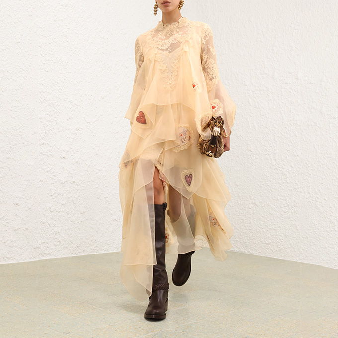 zimmermann hypnotic cascading heart embroidery silk maxi gown cream